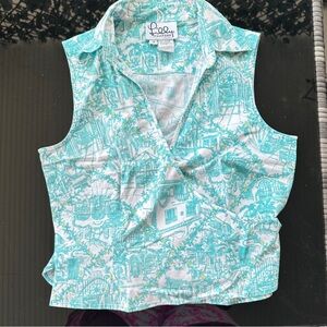 Lilly Pulitzer Women's Aqua and White Patterned Shirt